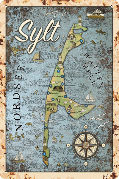 Blechschild für Sylt Reise Fans - Sylt Karte  (wetterfest), 30 x 40 cm