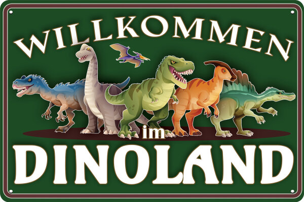 Blechschild für Dino Fans, Kinderzimmer Schild (Willkommen Dinoland hellgrün)