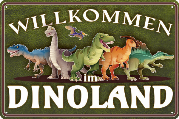 Blechschild für Dino Fans, Kinderzimmer Schild (Willkommen Dinoland dunkelgrün)