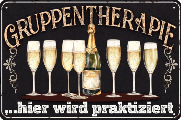 Blechschild für Gin Liebhaber  - Gruppentherapie Sekt  (wetterfest)