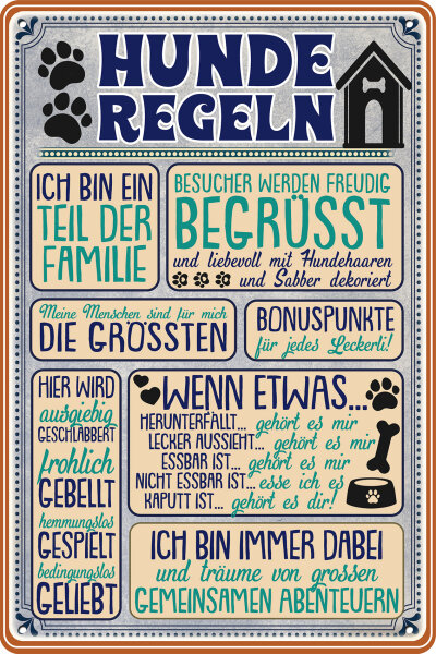 Blechschild für Hunde Fans, lustiger Spruch - Hunderegeln (wetterfest)