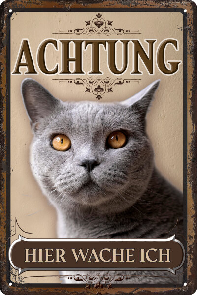 Blechschild für Katzen Fans: Achtung hier wache ich – Russisch (wetterfest)