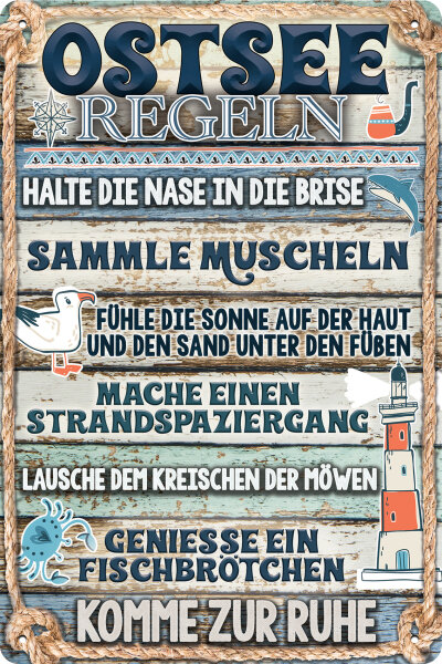 Blechschild für Meer und Strand Fans - Ostsee Regeln (wetterfest)