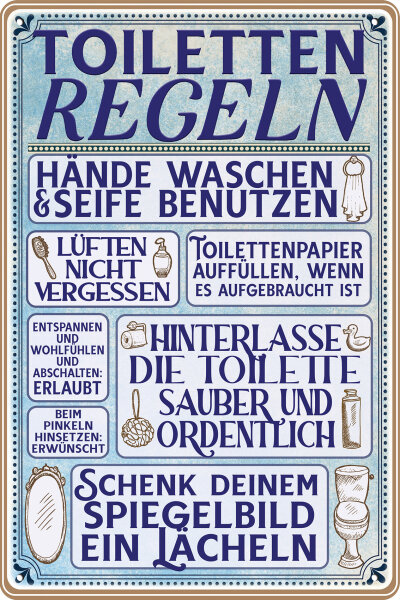 Blechschild für das Badezimmer und die Toilette - Toiletten Regeln