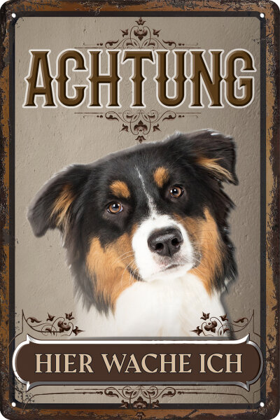 Blechschild für Hunde Fans: Achtung hier wache ich – Australian Shepherd (wetterfest)