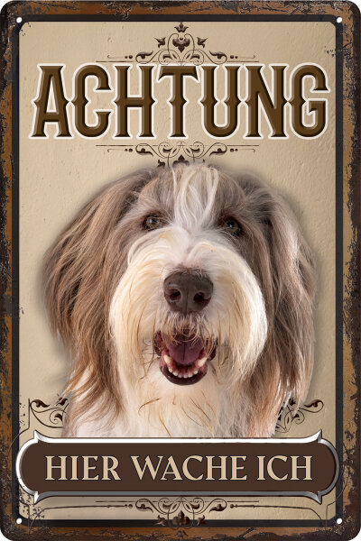 Blechschild für Hunde Fans: Achtung hier wache ich – Bearded Collie (wetterfest)