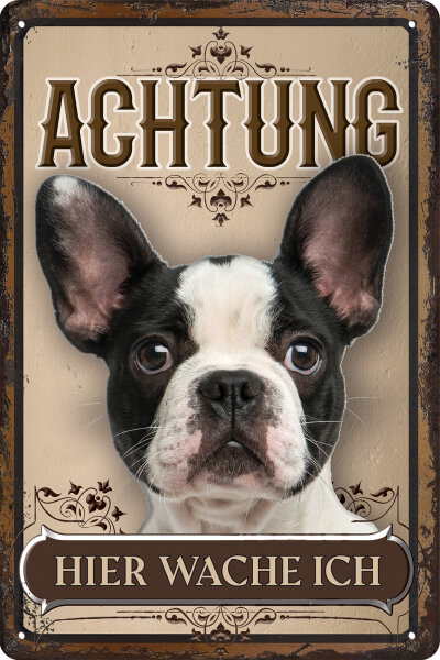 Blechschild für Hunde Fans: Achtung hier wache ich – Boston Terrier (wetterfest)