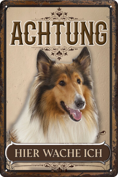 Blechschild für Hunde Fans: Achtung hier wache ich – Collie (wetterfest)