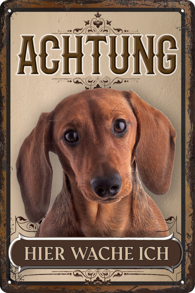 Blechschild für Hunde Fans: Achtung hier wache ich – Dackel Braun (wetterfest)