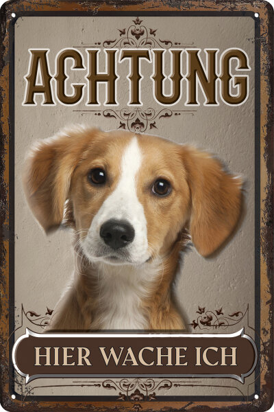 Blechschild für Hunde Fans: Achtung hier wache ich – Englischer Schäferhund (wetterfest)