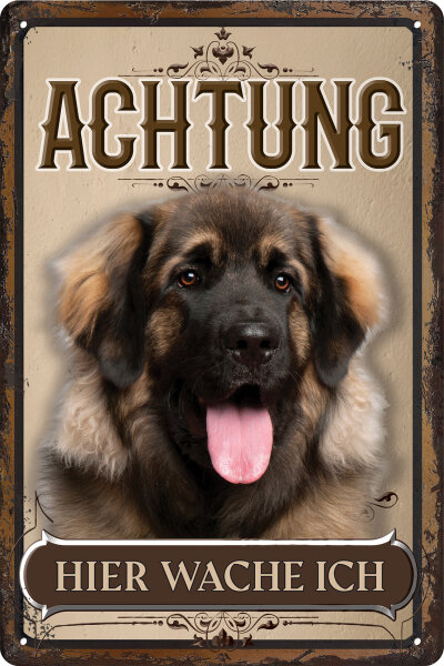 Blechschild für Hunde Fans: Achtung hier wache ich – Leonberger (wetterfest)