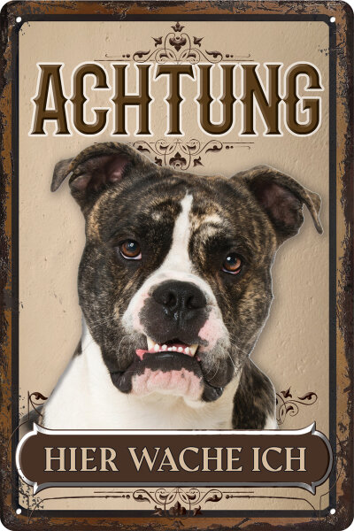 Blechschild für Hunde Fans: Achtung hier wache ich – Old English Bulldog (wetterfest)