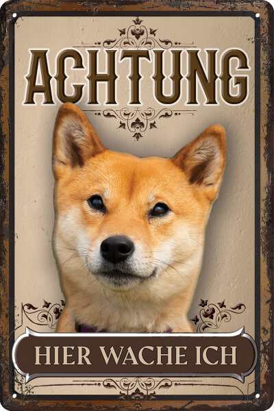 Blechschild für Hunde Fans: Achtung hier wache ich – Shibainu (wetterfest)