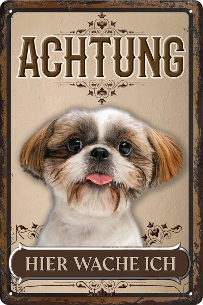 Blechschild für Hunde Fans: Achtung hier wache ich – Shih Tzu (wetterfest)