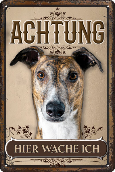 Blechschild für Hunde Fans: Achtung hier wache ich – Windhund (wetterfest)