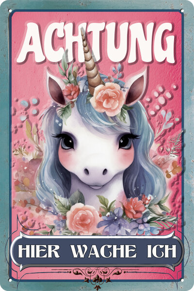 Blechschild für Einhorn Fans, Kinderzimmer Schild (Achtung Hier wache ich Einhorn Blau), 14 x 20 cm