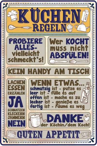 Blechschild für die Küche – lustiger Spruch – Küchenregeln, 14 x 20 cm
