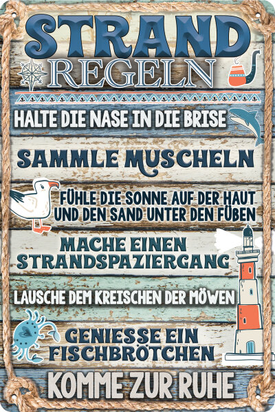 Blechschild für Meer und Strand Fans - Strandregeln (wetterfest), 14 x 20 cm