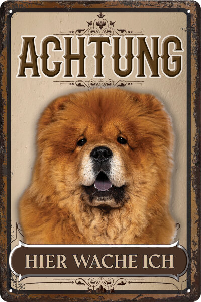 Blechschild für Hunde Fans: Achtung hier wache ich – Chow Chow (wetterfest), 14 x 20 cm