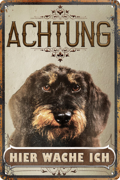Blechschild für Hunde Fans: Achtung hier wache ich – Dackel (wetterfest), 14 x 20 cm