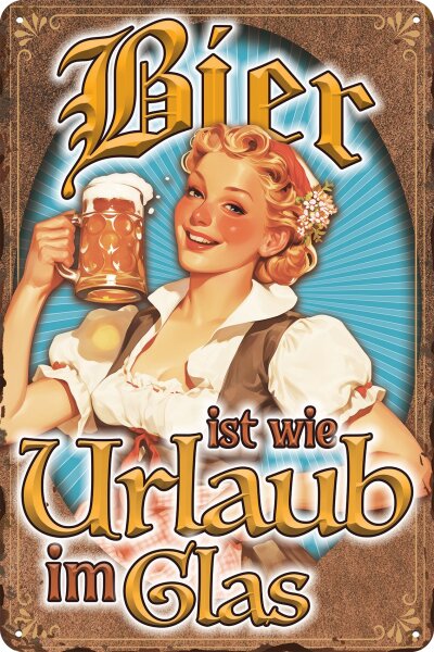 Blechschild, lustiger Spruch zum Thema Bier „Bier ist wie Urlaub im Glas“